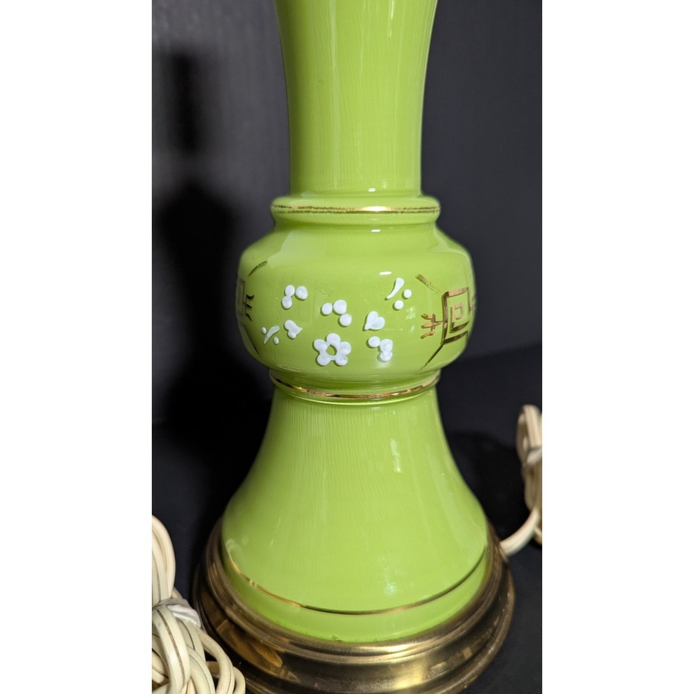 Vintage 1950's Working Pair of Hand Painted Green Glass & Brass Table Lamps - Picture 5 of 16